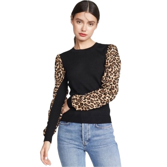 Veronica Beard Adler Mixed Media Animal Print Leopard Wool Black Sweater Size L - Picture 2 of 8